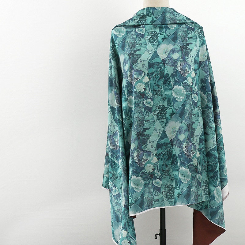 Ancient Painting Pattern Satin Fabric: 59"W Digital Print