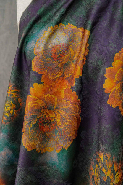Floral Tea Silk Satin Fabric: Dark Green Upholstery, Costume, Drapery (59"W)