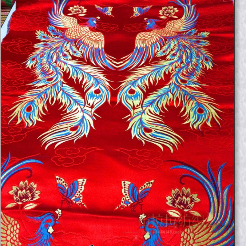 Phoenix Butterfly Brocade Fabric: Red Satin Jacquard (29.5"W)