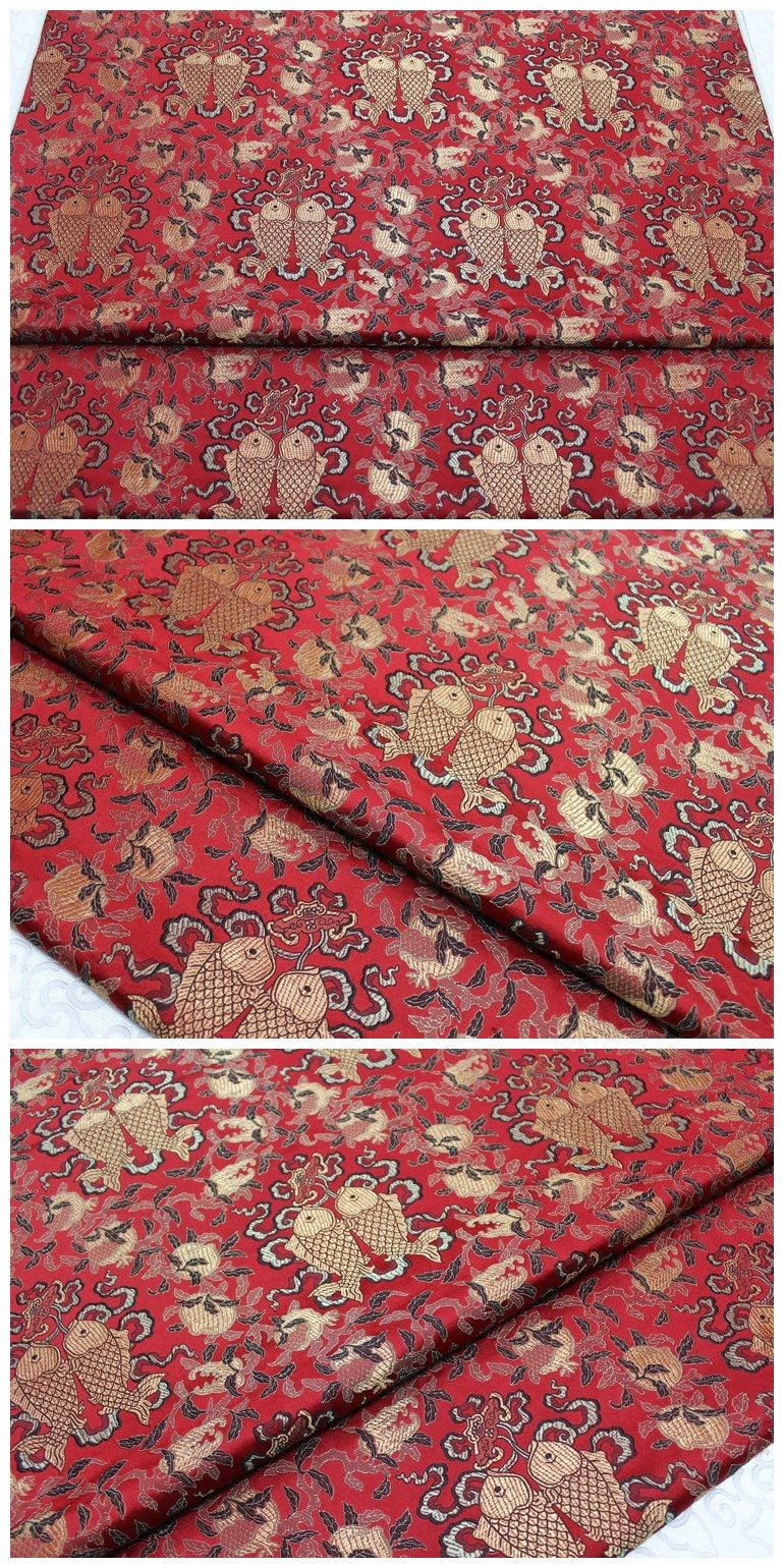 Chinese Silk Brocade Fabric: Pisces Double Fish Design, 29.5" Wide