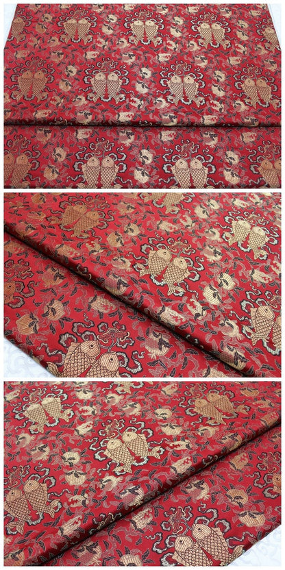 Chinese Silk Brocade Fabric: Pisces Double Fish Design, 29.5" Wide