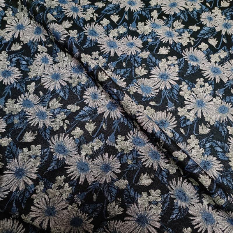 Reversible Floral Jacquard Fabric: Retro Blue Embossed Woven Material, 59"W