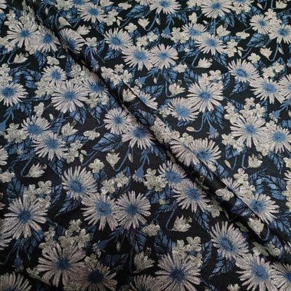 Reversible Floral Jacquard Fabric: Retro Blue Embossed Woven Material, 59"W