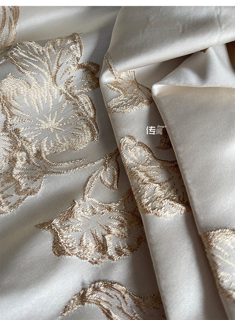 Champagne Magnolia Embroidered Jacquard Fabric: 57"W Floral Upholstery