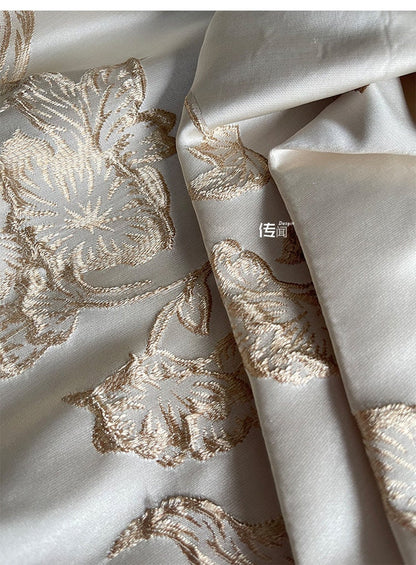 Champagne Magnolia Embroidered Jacquard Fabric: 57"W Floral Upholstery