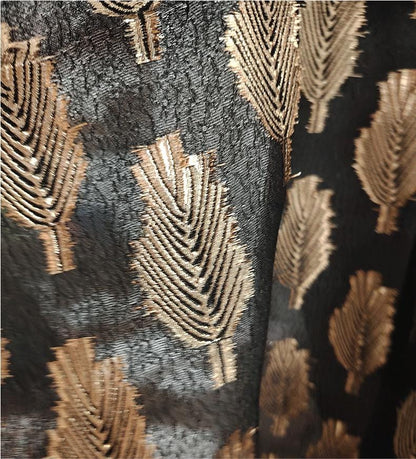 Black Jacquard Fabric: 3D Gold Thread Leaf Design, 59" Wide