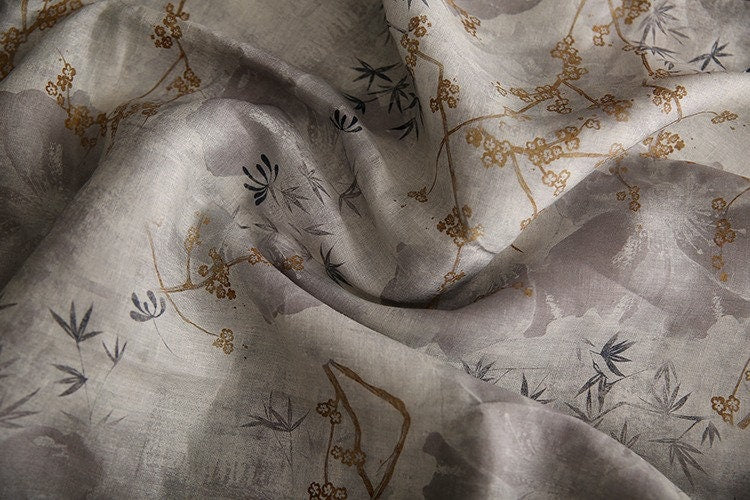 Bamboo Print Ramie Fabric: Light Gray Upholstery, Costume, Scarf - 57"W