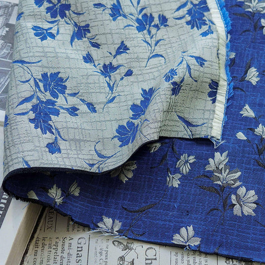 Tissu jacquard floral japonais : Tissu d'ameublement rétro bleu (160 cm de large, vendu au mètre)