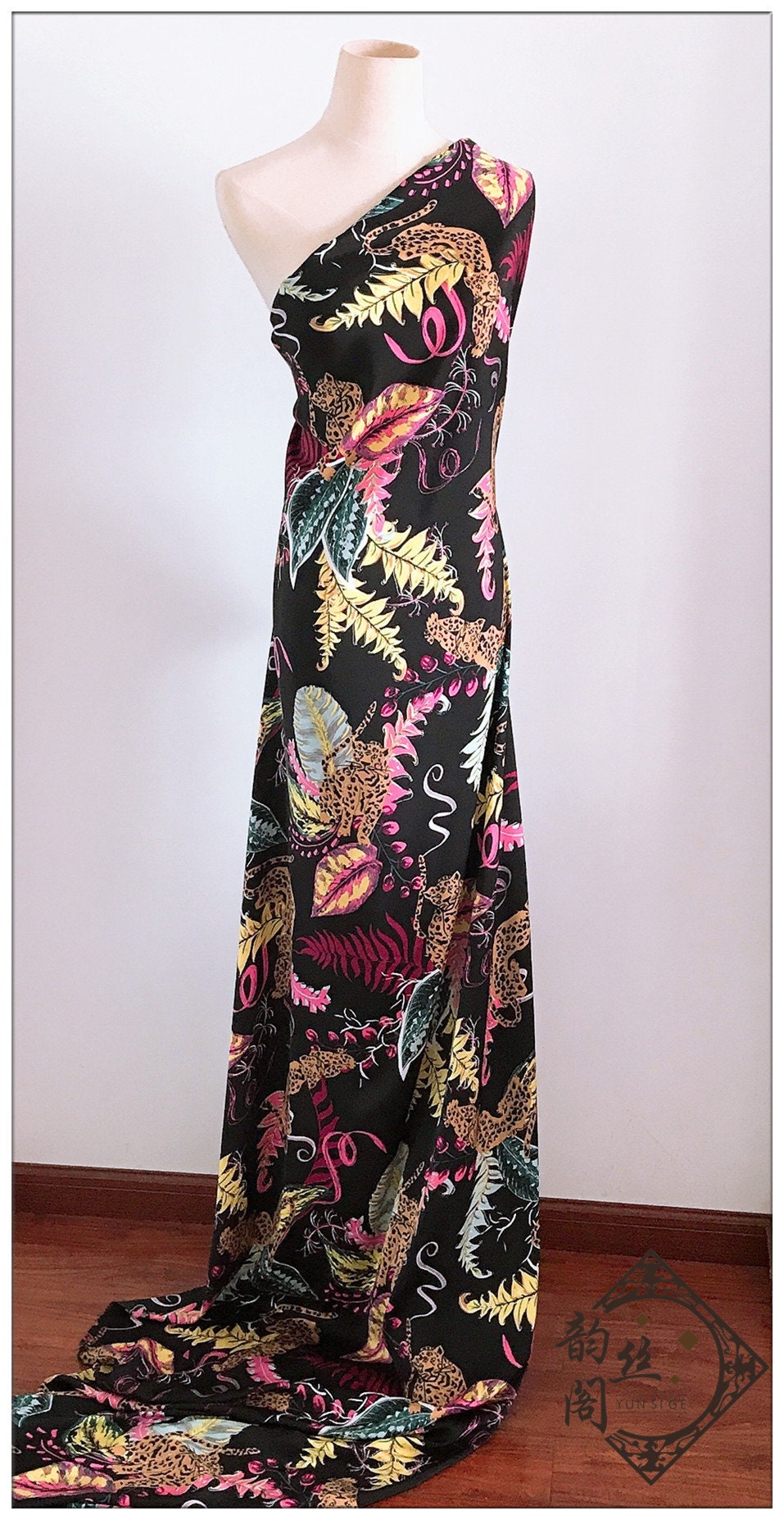 Leopard Print Satin Chiffon Fabric: Black Animal Print, 59" Wide