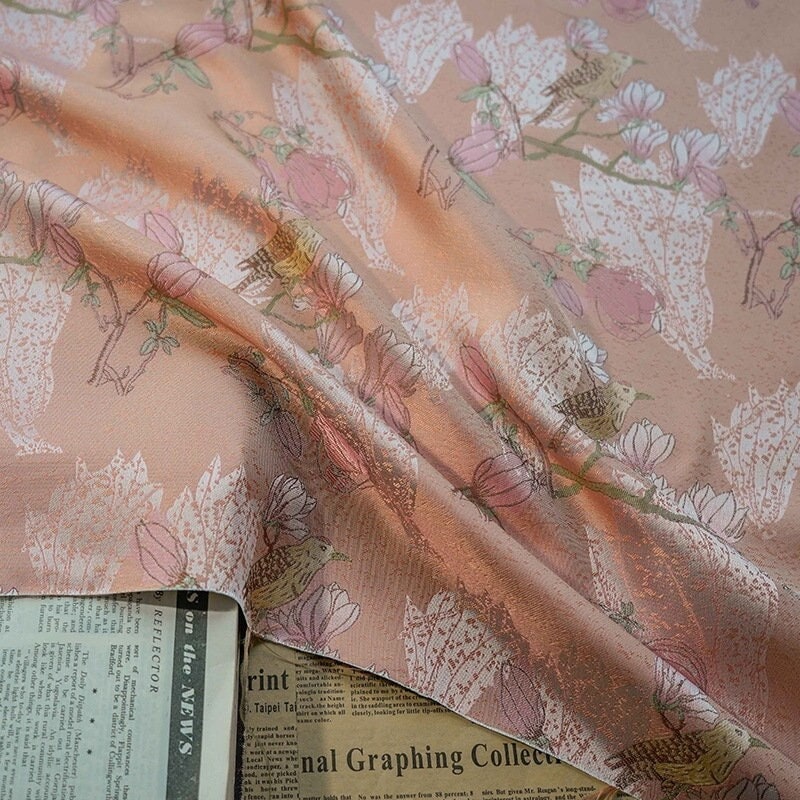 Orange Pink Bird Pattern Jacquard Woven Fabric: 60"W Upholstery