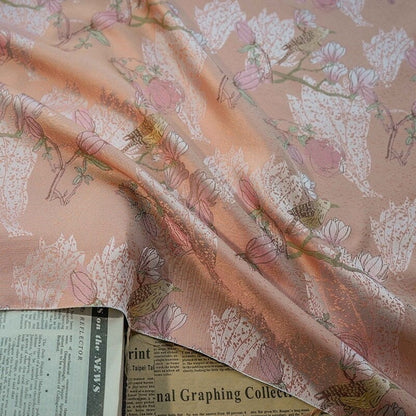 Orange Pink Bird Pattern Jacquard Woven Fabric: 60"W Upholstery