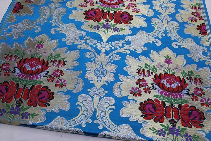 Tissu brocart de soie : motif floral pivoine dahlia, 74 cm de large, tissu de mariage