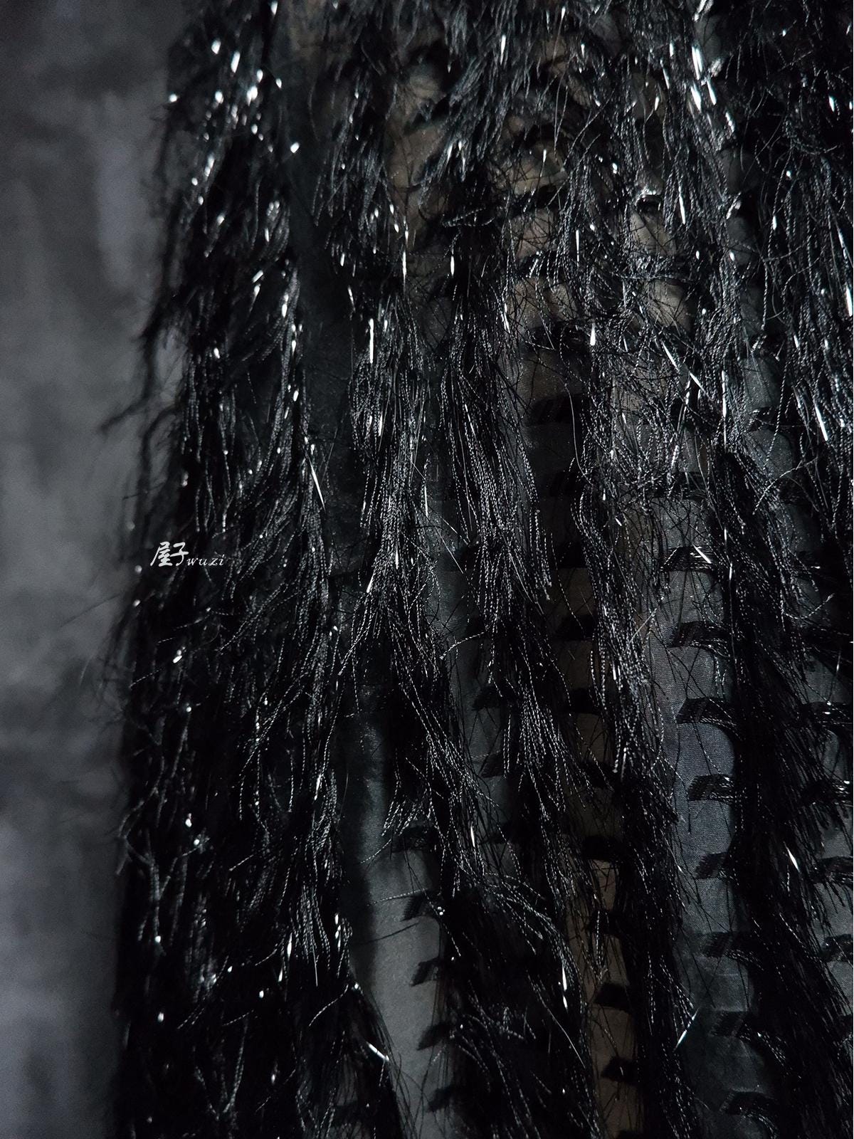 Black Jacquard Gauze Fabric: Tassel Trim, Hand-Cut DIY Sewing