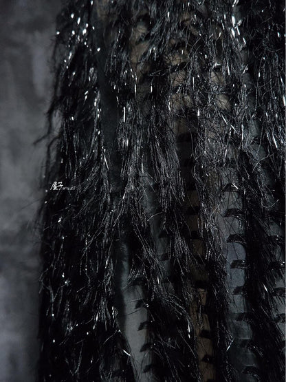 Black Jacquard Gauze Fabric: Tassel Trim, Hand-Cut DIY Sewing