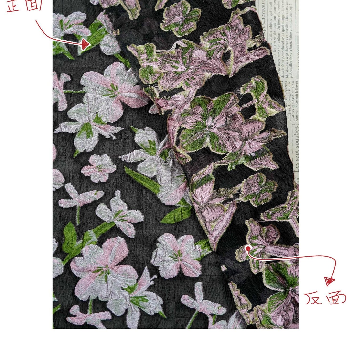 Black Embossed Floral Jacquard Fabric: Pink Flower Brocade, 55" Wide