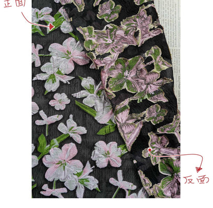 Black Embossed Floral Jacquard Fabric: Pink Flower Brocade, 55" Wide