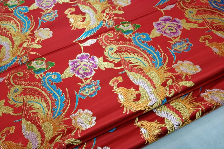 Golden Phoenix Brocade Fabric: Chinese Cheongsam Silk Jacquard (29" W)