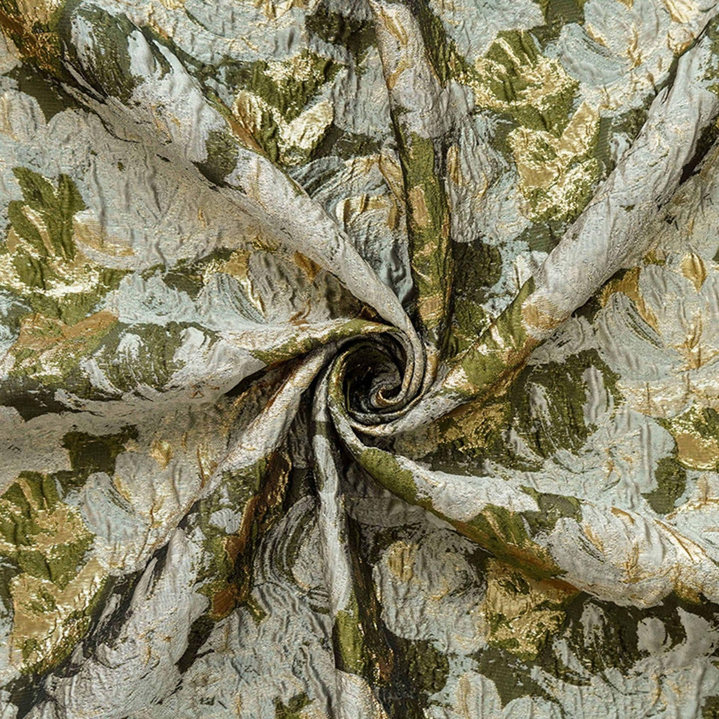 Green Jacquard Woven Fabric: 3D Gold Thread Embossed Texture, 57" Wide