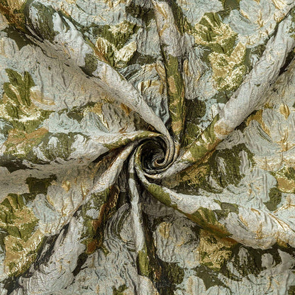 Green Jacquard Woven Fabric: 3D Gold Thread Embossed Texture, 57" Wide
