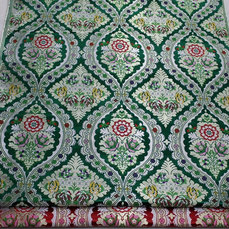 29"W Vintage Tibetan Brocade Fabric: Green Silk Rayon Textile
