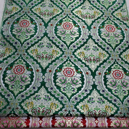 29"W Vintage Tibetan Brocade Fabric: Green Silk Rayon Textile