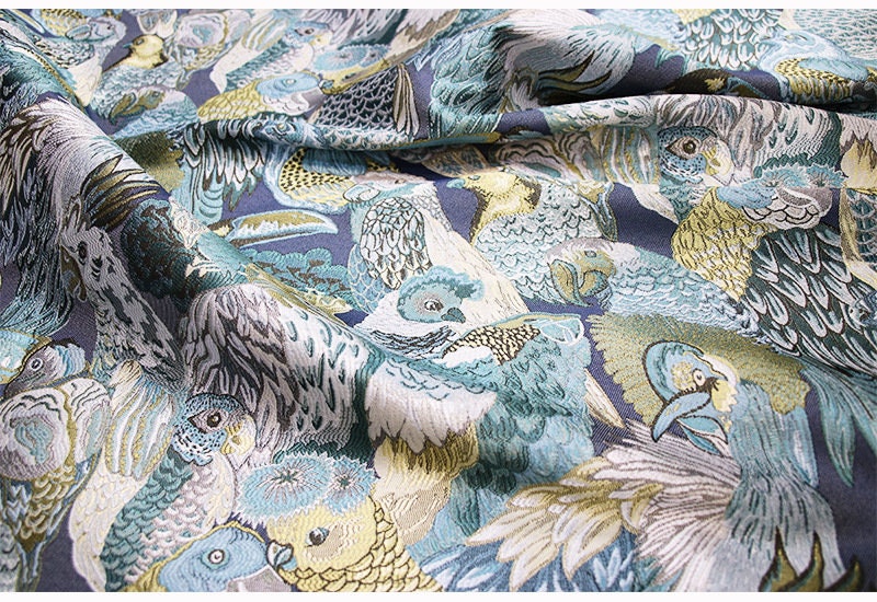 Tissu jacquard perroquet : tissu d’ameublement et de couture de créateur, 145 cm de large