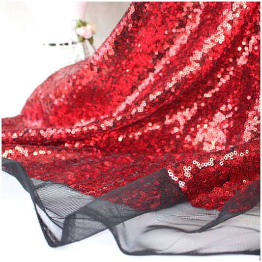Tissu à paillettes rouges de 3 mm, confettis scintillants sur tulle, 150 cm de large