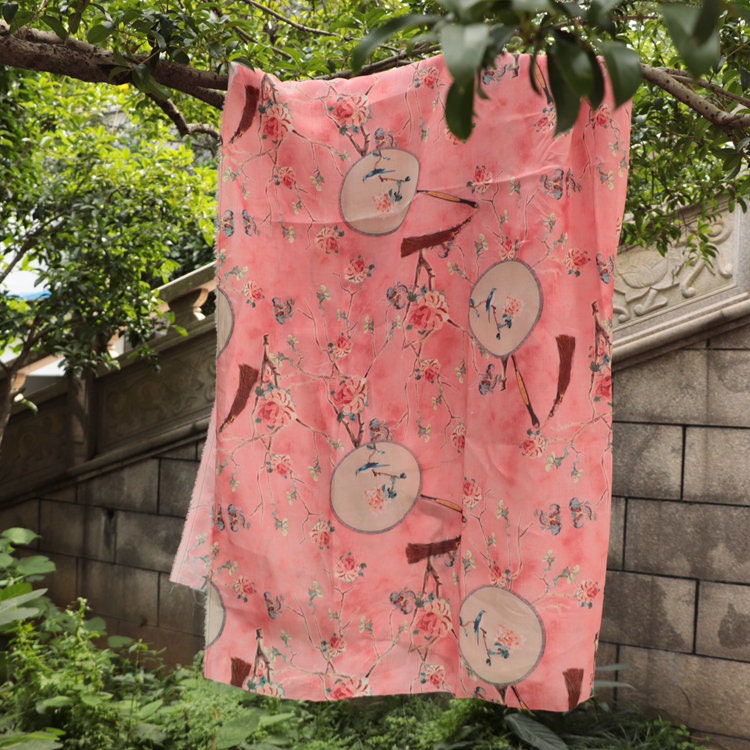 Floral Linen Fabric: Asian Style Pink Upholstery & Sewing Material (55"W)