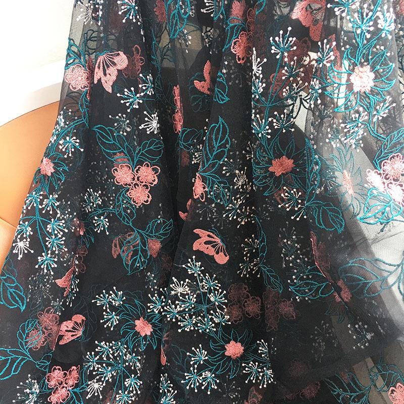 Cherry Blossom Embroidered Lace Fabric ��� Floral Nylon Me" Wide