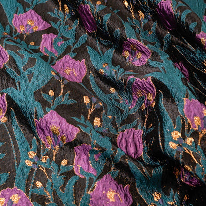 Tissu jacquard à fils dorés : motif tulipe rétro 3D, 142 cm de large