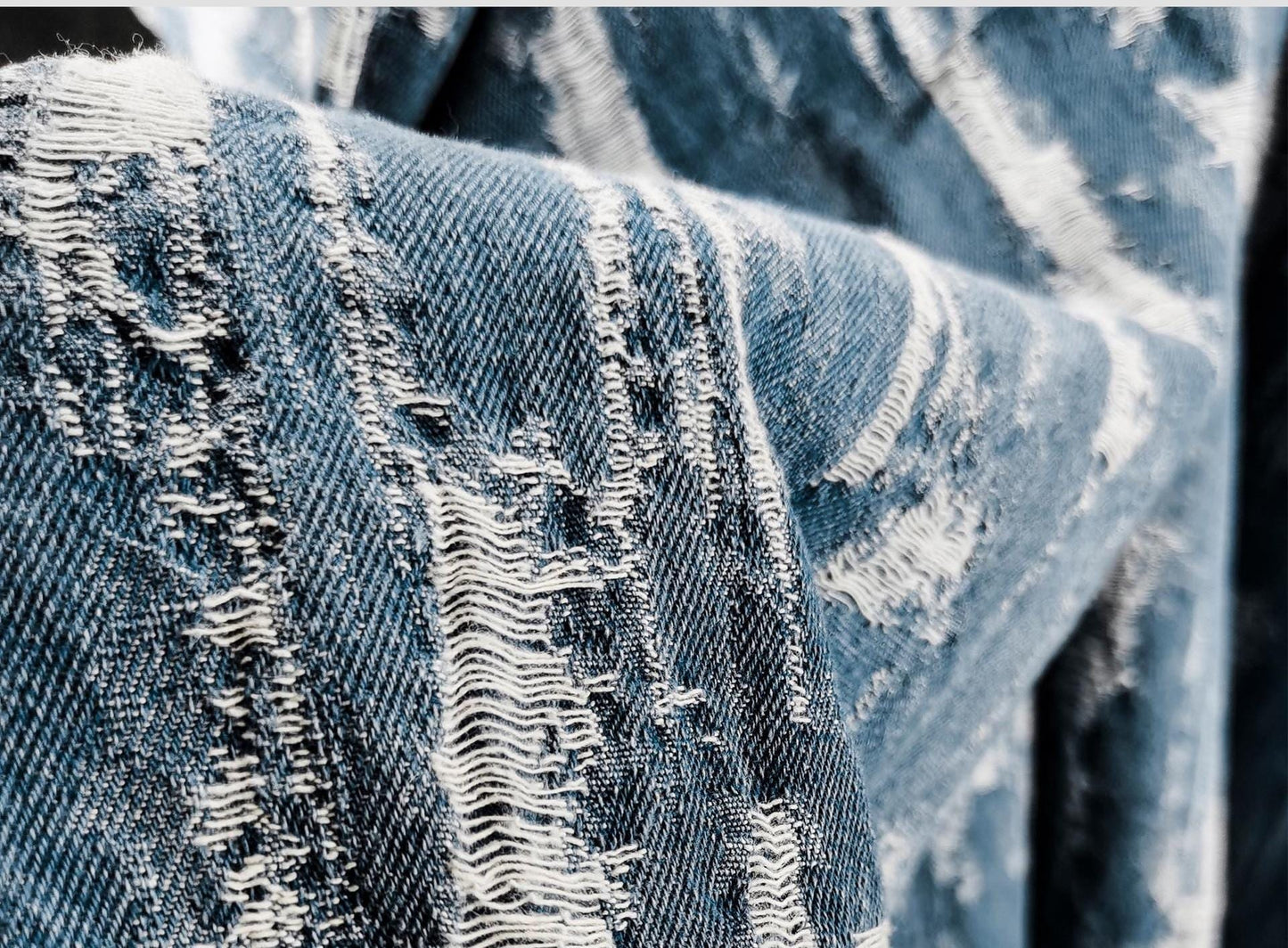 Blue Distressed Denim Jacquard Fabric: Washed Textured Design, 55"W