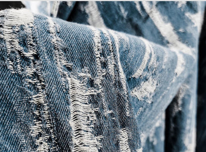 Blue Distressed Denim Jacquard Fabric: Washed Textured Design, 55"W