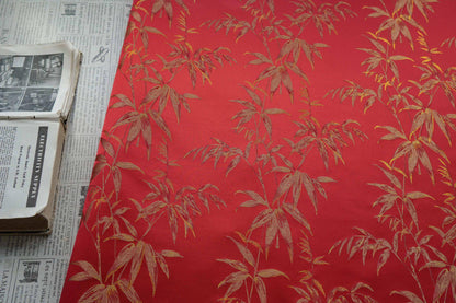 Red Brocade Fabric ��� Golden Bamboo Leaves Jacqua" Wide