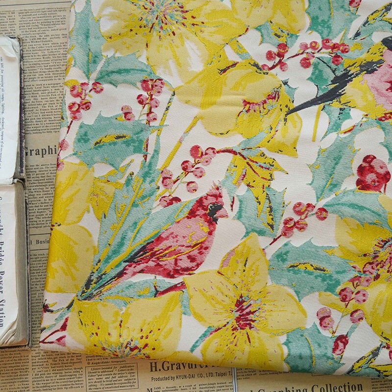Floral Bird Jacquard Fabric: Bright Upholstery, Costume & Decor - 57"