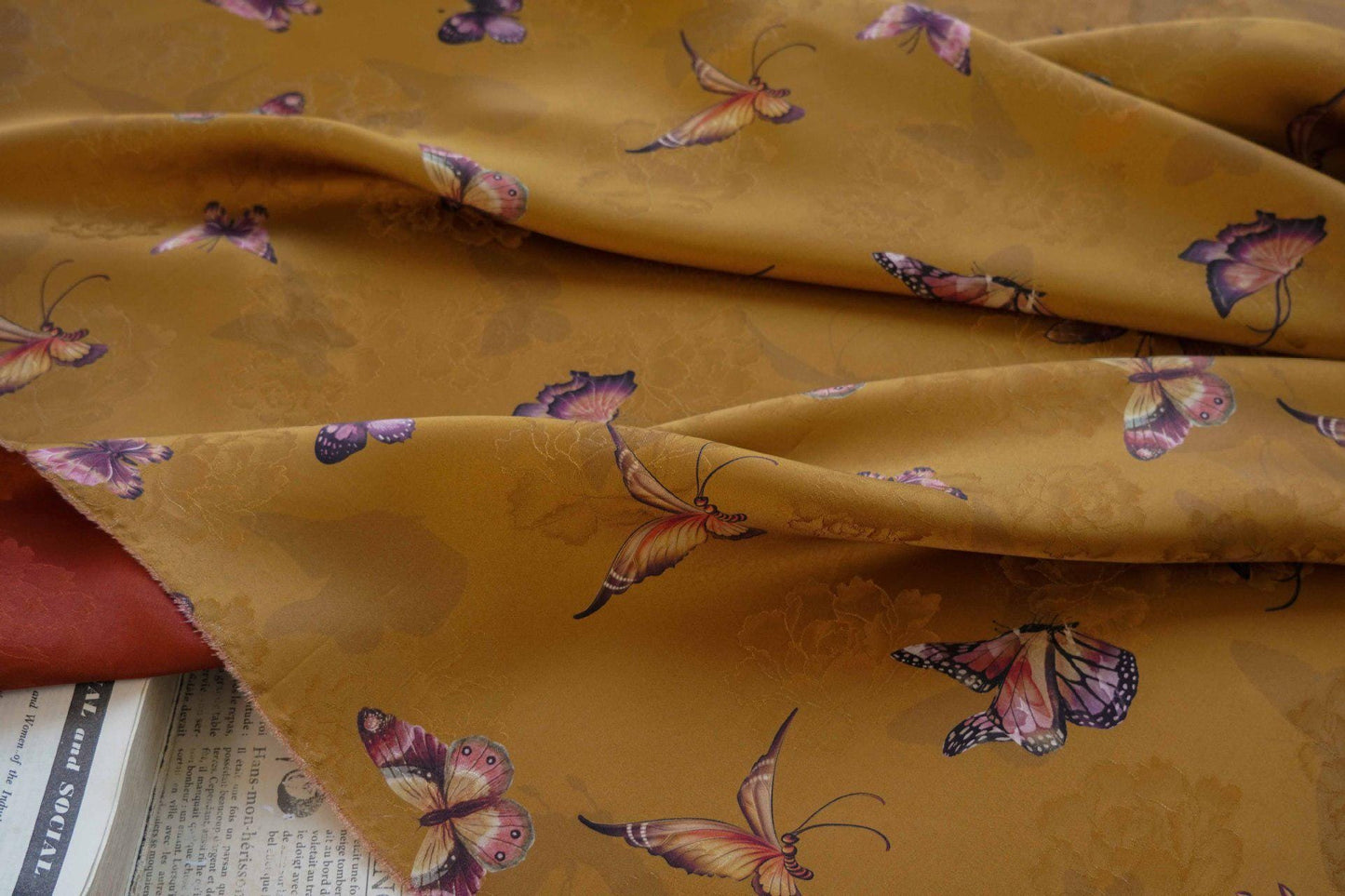 Butterfly Flower Tea Silk Satin Fabric: Digital Print (55"W)