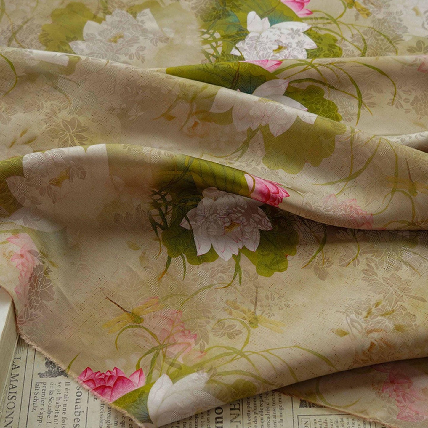Lotus Flower Tea Silk Satin Fabric: 55"W Digital Print