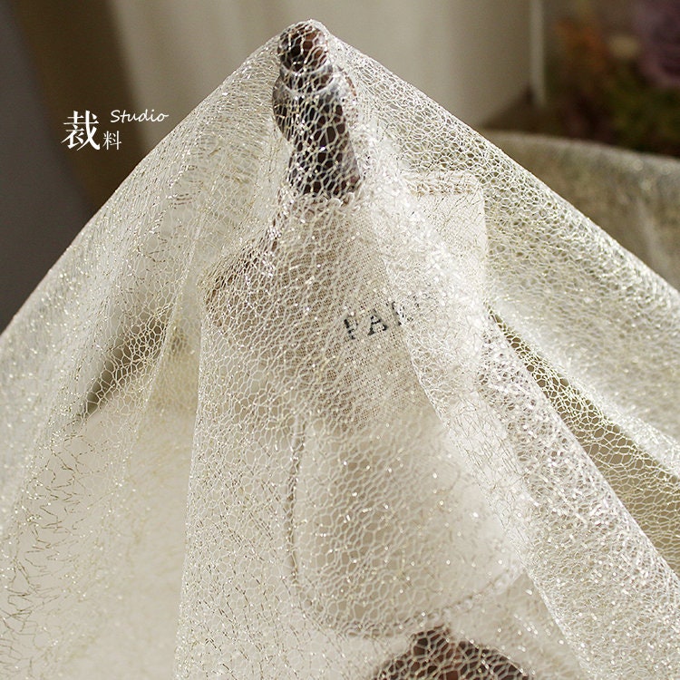 Glitter Mesh Wedding Fabric, Sheer Designer Sewing Material, Black & White, 59"Wide