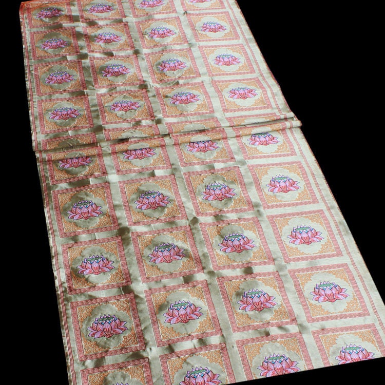 29"W Vintage Tibetan Brocade Fabric: Silk Satin Upholstery Textile
