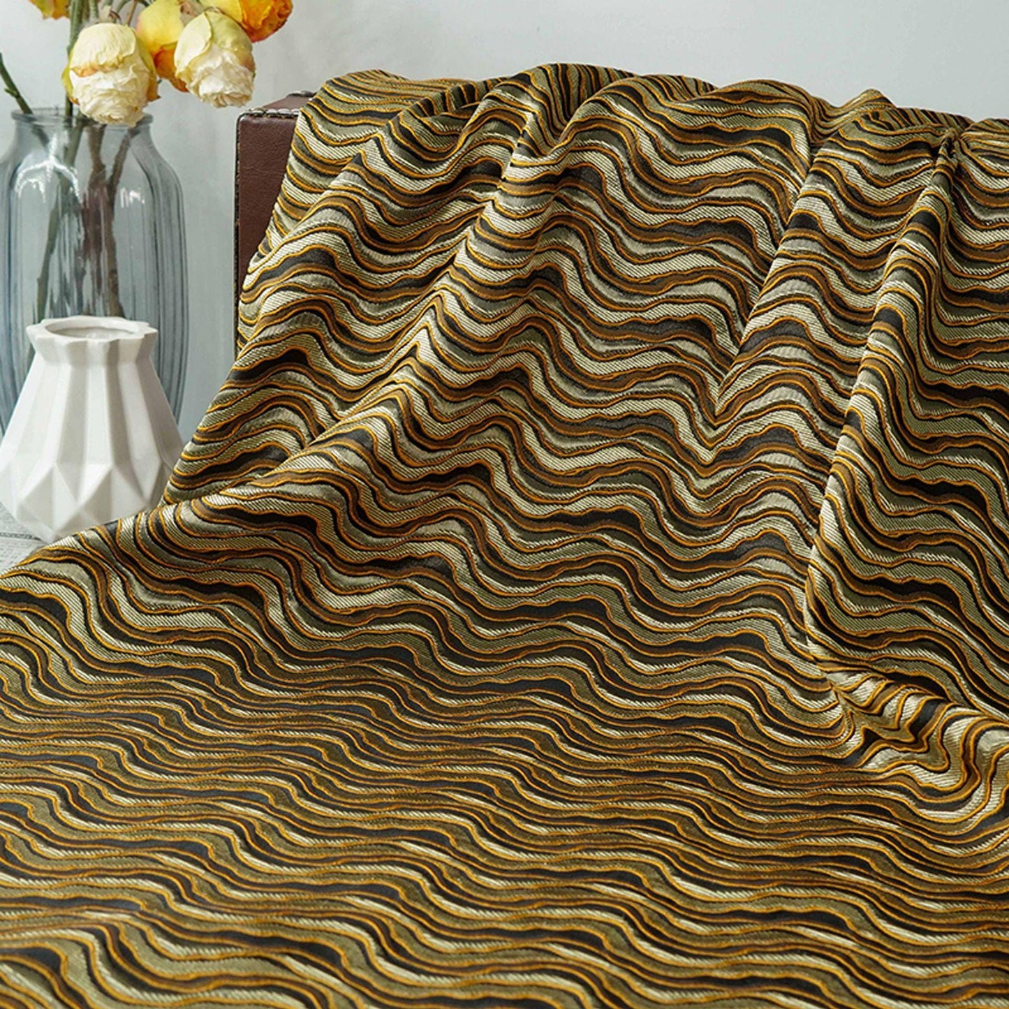 Tissu jacquard à vagues vintage - Tissu texturé 3D en relief pour la couture bohème, l'ameublement et les loisirs créatifs, 140 cm de large