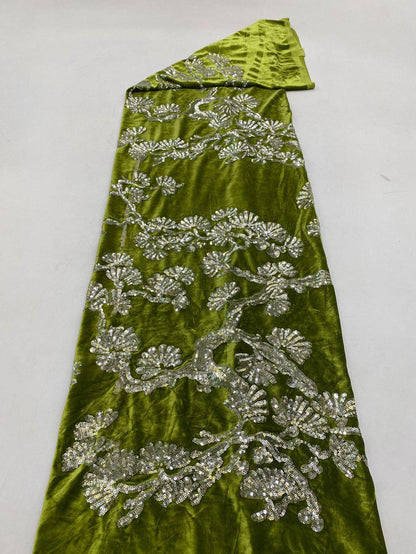 Velvet Embroidery Fabric: Beaded Pillar Design, 43"W Designer Material