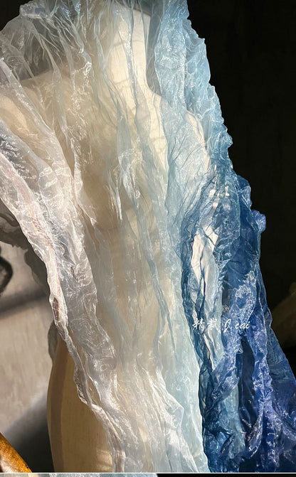 Blue Gradient Organza Fabric: Irregular Pleats, 55" Wide