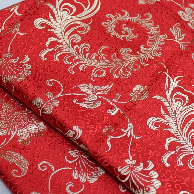 Tissu brocart à motif de queue de phénix rouge : coussin Cheongsam de 150 cm de large