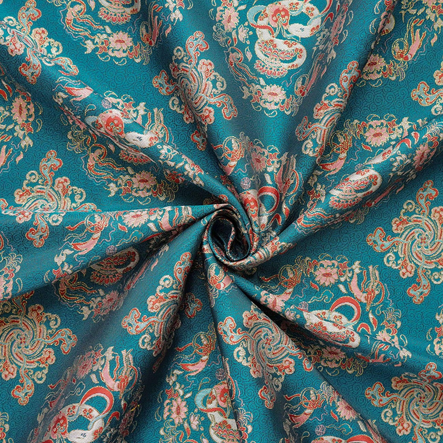 Cyan Brocade Fabric: Chinese Dynasty Jacquard Polyester, 66" Wide