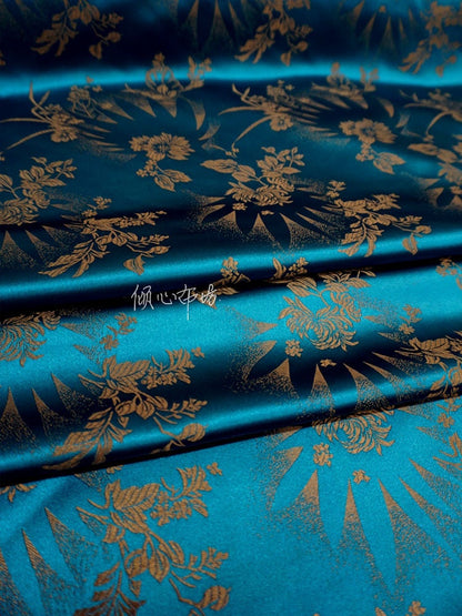 Tissu brocart de soie turquoise : Damas à fleurs de café, 75 cm de large