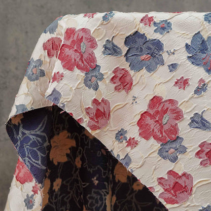 Reversible Jacquard Woven Fabric: Blue Red Embossed Flower, 60" Wide