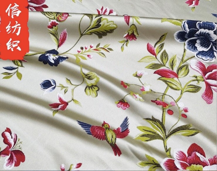 Birds and Flowers Jacquard Fabric: Silk Rayon Blend, 118" Wide