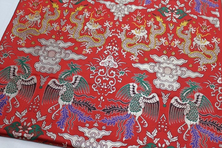 Dragon & Phoenix Brocade Fabric: Red Silk Blend, 29"W