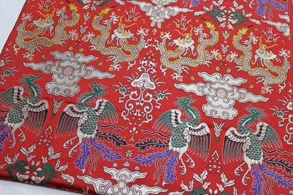 Dragon & Phoenix Brocade Fabric: Red Silk Blend, 29"W