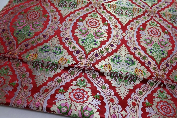 29"W Vintage Tibetan Brocade Fabric: Green Silk Rayon Textile