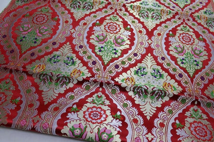 29"W Vintage Tibetan Brocade Fabric: Green Silk Rayon Textile